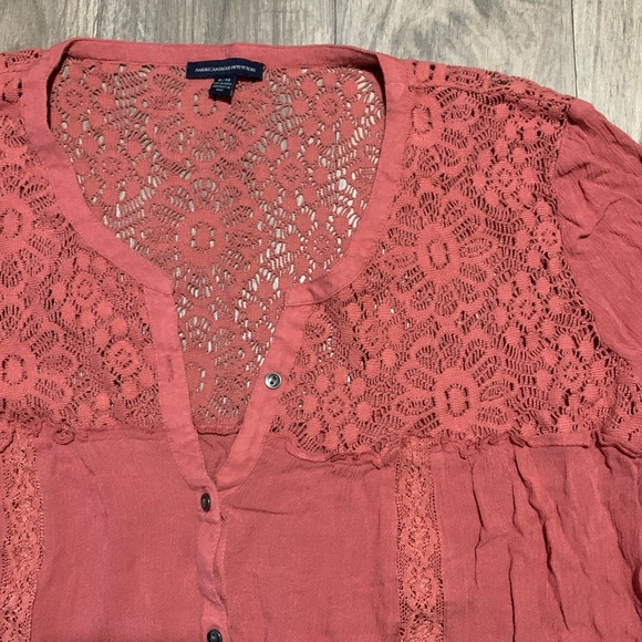 American Eagle Button Up Blouse w/ Flower Lace, Dusty Rose, XL - Picture 3 of 8